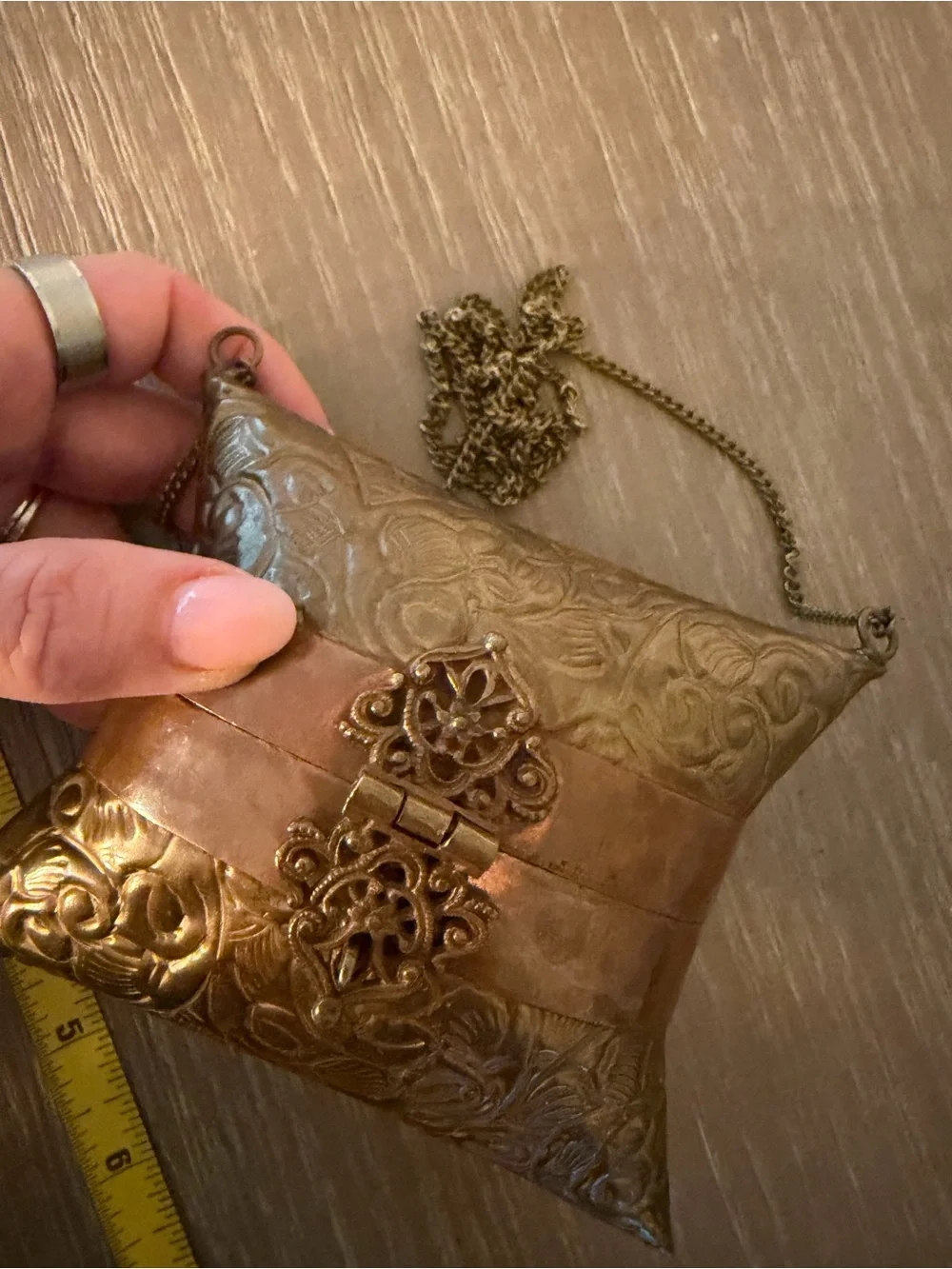 Vintage 1930s Art Deco embossed brass & copper pillow purse